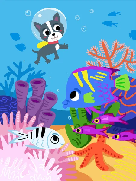Ilustracja Dzieci Podwodnym Światem Rybie Postacie Kreskówek Idealny Dla Dzieci — Wektor stockowy