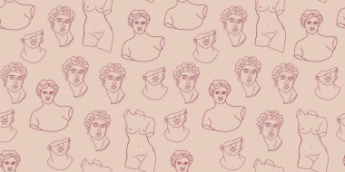 Antik heykellerin ana hatlarıyla kusursuz bir model. Müze heykelleri arka planda. - Evet. Vektör illüstrasyonu