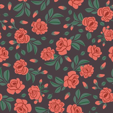 Vintage pattern with red roses and leaves on brown background. Retro flowers pattern. Vector illustration clipart