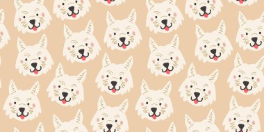 Şirin beyaz köpek suratlı, kusursuz vektör deseni. Bej arka planda köpek deseni var. Vektör illüstrasyonu