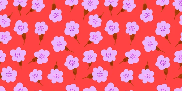 Kırmızı Üzerinde Bahar Çiçekleri Olan Basit Pürüzsüz Bir Desen Küçük Stok Vektör
