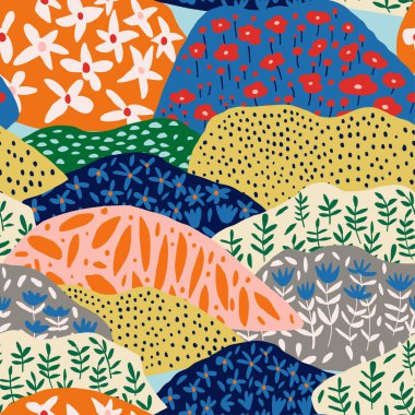 Karmaşık yama şekilli soyut dağ manzarası. Modern, sanatsal bir kompozisyon arka plan, duvar kağıtları, tekstil tasarımları ve geometrik dokunuşlu yaratıcı projeler için mükemmel.