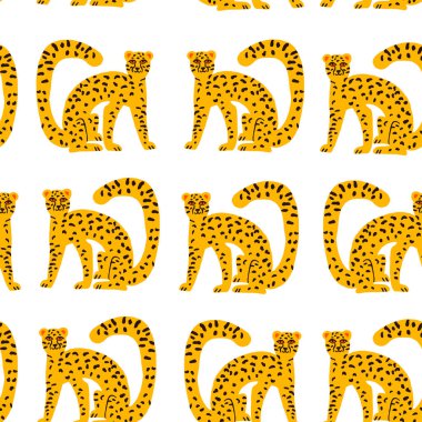 A stylish pattern featuring cute wildcats like tigers and leopards on a white background. Perfect for modern designs, fashion, textiles, and animal-themed projects with a trendy, playful vibe. Vector clipart