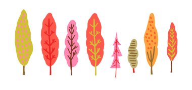 Canlı sonbahar renklerinde biçimlendirilmiş ağaçlardan oluşan bir derleme, yatay bir orman manzarası yaratıyor. Sonbahar temalı projeler, klip sanatı, mevsimlik tasarımlar ve doğadan esinlenilmiş illüstrasyon için mükemmel. Vektör