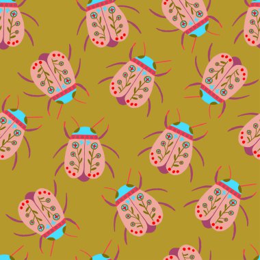 Altın sarısı yeşil arka planda çiçek elementli böcekleri gösteren şık bir desen. Tekstil, duvar kâğıtları ve yaratıcı projeler için mükemmel, halk sanatı titreşimli karmaşık ve zarif bir tasarım.