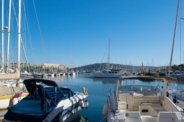 Port Cogolin hotel at the harbor with yachts at winter time
