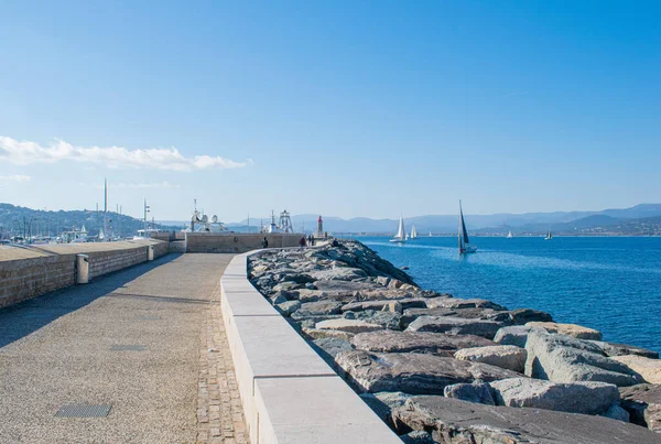 Saint Trope coast with ships in the sea blue water
