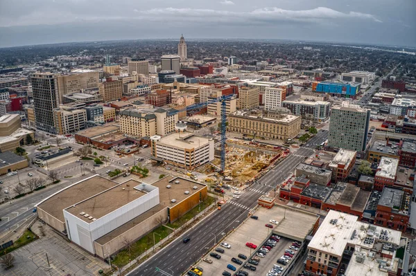 Lincoln Şehir Merkezinin Hava Görüntüsü Alacakaranlık Nebraska — Stok fotoğraf