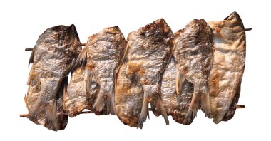 Kurutulmuş balık, beyaz, kuru balık görüntüsünde korunma menüsü kavramı için izole edilmiştir.