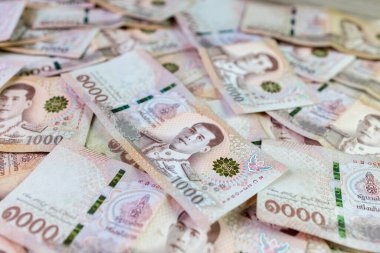 Tayland para banknotları arka plan için baht, 1000 Tayland baht banknotları, tasarruf parası ve finansal iş konsepti yığını