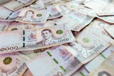 Tayland para banknotları arka plan için baht, 1000 Tayland baht banknotları, tasarruf parası ve finansal iş konsepti yığını