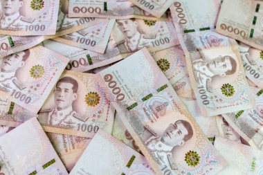 Tayland para banknotları arka plan için baht, 1000 Tayland baht banknotları, tasarruf parası ve finansal iş konsepti yığını