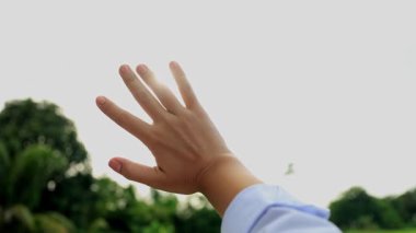 Gün batımında mutlu bir kızın eli, güneş ışığıyla gökyüzüne uzanan el, mutlu rüya gören kız elini güneşe doğru çeker, umudu, hırsı, özgürlüğü, doğal çevrede ilhamı simgeler.