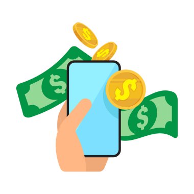 Cep telefonu, cep telefonu, dijital finans ve çevrimiçi ödeme işlemlerini temsil eden banknotlar ve sikke simgeleriyle el ele tutuşan akıllı telefon