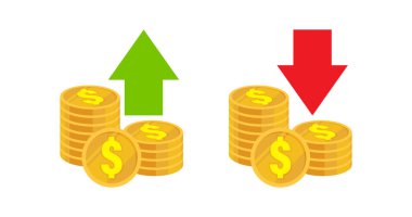 yığın para altın sikkeleri yeşil ok ve kırmızı aşağı ok, borsa ikonu, finans sembolü, yatırım, kar ve zarar, tasarım ve iletişim illüstrasyonu için mükemmel