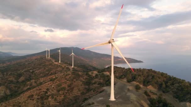 Wind Turbines Sunrise Alternative Energy Aerial View — Stock Video