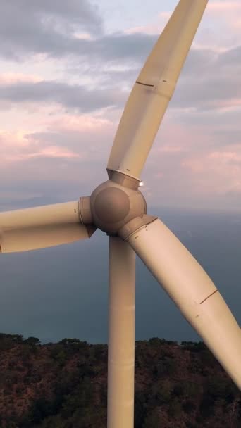 Wind Turbine Farm Sunset Close Aerial Shot Vertical — Stock Video