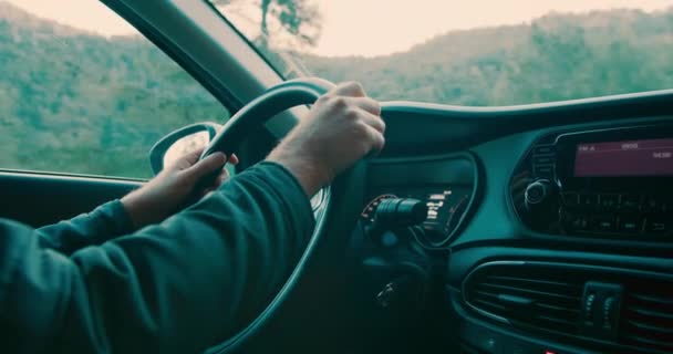 Joven Mano Gafas Conducir Coche Unidad Carretera Serpenteante Montaña Disparo — Vídeo de stock