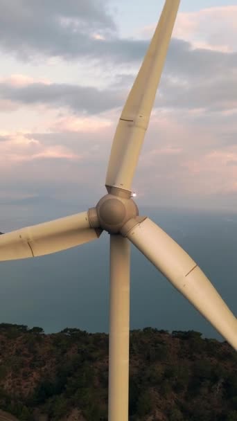 Wind Turbine Farm Sunset Close Aerial Shot — Stock Video