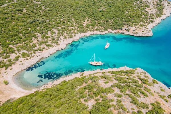 Jacht Morzu Piękna Zatoka Turcji Bodrum Wybrzeże Morza Egejskiego Widok — Zdjęcie stockowe