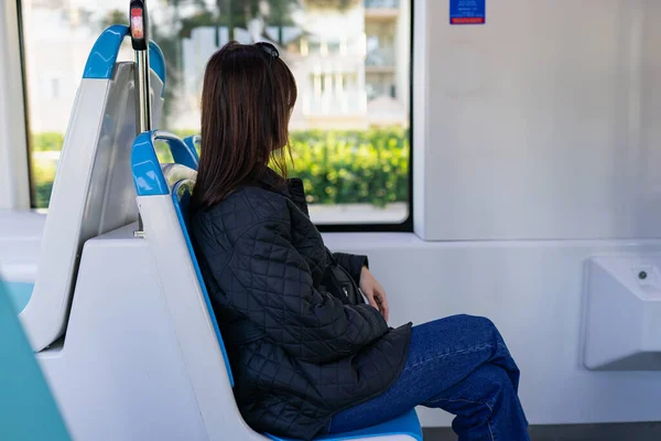 Woman Sitting Seat Empty Interior City Tram — Stock Photo, Image