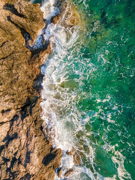 stock image Ocean waves and rocky reefs or cliffs, drone aerial shot