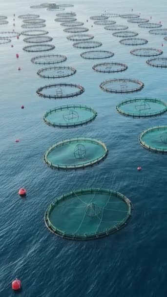 Künstliche Aquakultur Käfige Fischfarmen Der Ägäis Vertikale Luftaufnahme — Stockvideo