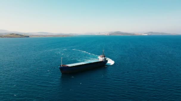 Bulk Carrier Vessel Manoeuvring Sea Aerial View — Stock Video