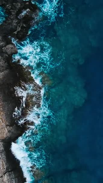 岩石礁和海浪冲刷海岸悬崖 无人驾驶飞机俯瞰 垂直录像 — 图库视频影像