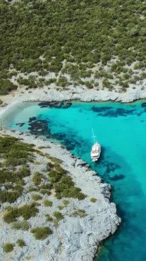 Bodrum Türkiye 'de yelkenli yatları olan lagünü olan güzel bir sahil kıyısı. Hava dikey görünümü