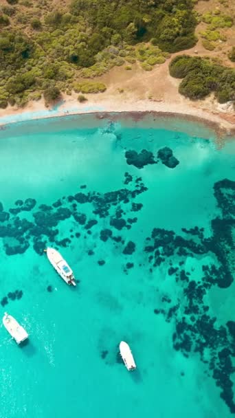 Aerial Vertical Shot Luxury Yachts Akvaryum Koyu Lagoon Bodrum Turkey — Stock Video