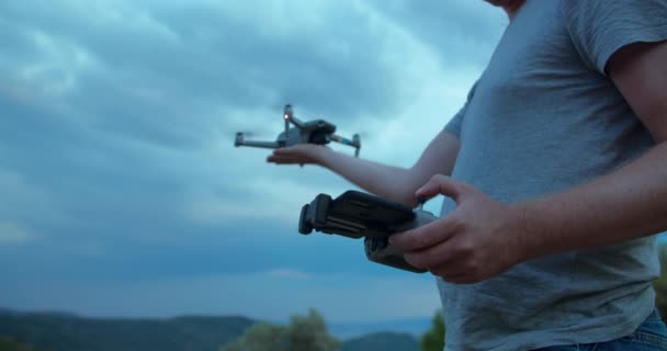 Drone Take Pilot Hand Man Controlled Drone Close Shot — Stock Video