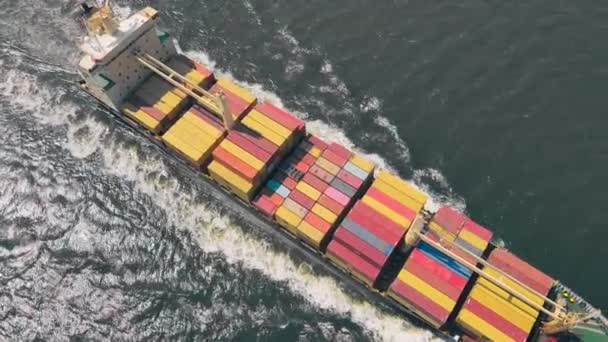 Mscのトラックのサイズの貨物船の航空無人機のビデオ商業港の近くで海で巡航しています イズミル トルコ 2023 — ストック動画