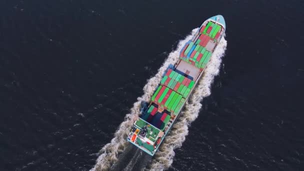 容器を運ぶ貨物船はコンテナヤードの港からの習慣への輸出貨物のために非常に速く動きます — ストック動画