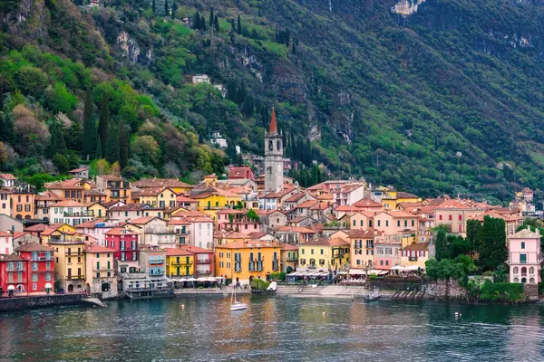 stock image Village of Varenna on Como lake in Italy. Varenna by Lake Como in Italy, aerial view of old town with the church of San Giorgio