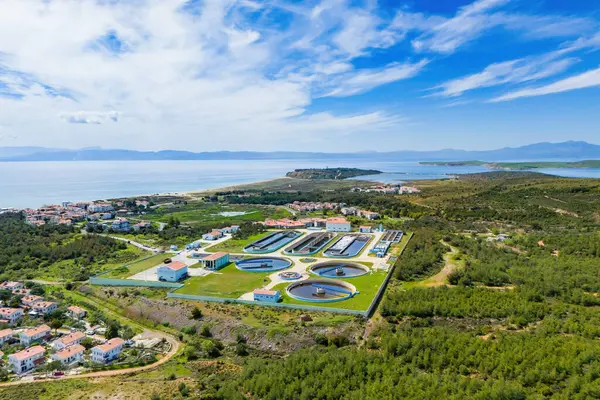 stock image Aerial of water purification circle. Ecosystem of filtration, fresh water and water management. Sewage treatment plant