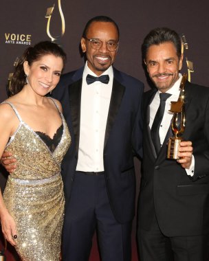 LOS ANGELES - DEC 9:  Alessandra Rosaldo, Rudy Gaskins, Eugenio Derbez at the 10th Annual Society of Voice Arts and Sciences Voice Awards Gala Winners Circle at the Beverly Hilton Hotel on December 9, 2023 in Beverly Hills, CA clipart