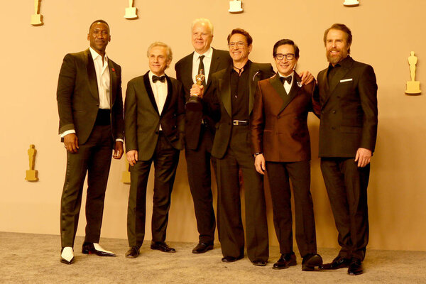LOS ANGELES - MAR 10:  Mahershala Ali, Christoph Waltz, Tim Robbins, Robert Downey Jr., Ke Huy Quan, Sam Rockwell at the 96th Academy Awards Press Room at the Dolby Theater on March 10, 2024 in Los Angeles, CA