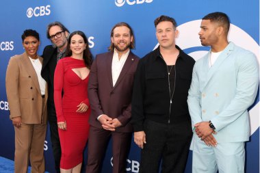 LOS ANGELES, USA - MAY 2, 2024:  Jules Latimer, Billy Burke, Stephanie Arcila, Max Thieriot, Kevin Alejandro, Jordan Calloway at the CBS Fall Preview Party at the Paramount Studios on May 2, 2024 in Los Angeles, CA clipart