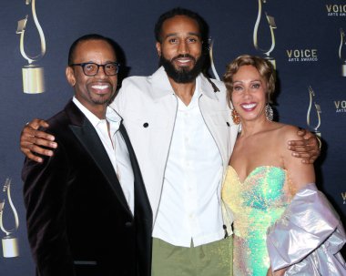 SAN DIEGO, USA - DECEMBER 8, 2024:  Rudy Gaskins, Ngozi Gaskins, Joan Baker at the 11th SOVAS Awards Winners Circle at Beverly Hilton Hotel on December 8, 2024 in Beverly Hills, CA clipart