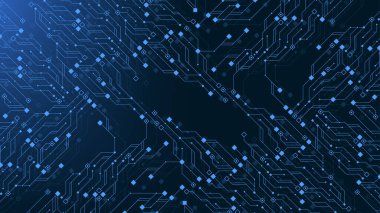 Kuantum bilgisayar teknolojileri konsepti. Gelecekçi mavi devre arkaplan vektörü. Modern teknoloji devre kartı dokusu arka plan tasarımı. Dalgalar akar. Kuantum patlama teknolojisi