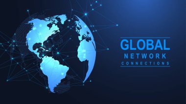 Küresel ağ bağlantısı kavramı. Büyük veri görselleştirmesi. Küresel bilgisayar ağlarındaki sosyal ağ iletişimi. İnternet teknolojisi. İş için. - Bilim. Vektör illüstrasyonu.