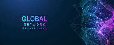 Küresel ağ bağlantısı kavramı. Büyük veri görselleştirmesi. Küresel bilgisayar ağlarındaki sosyal ağ iletişimi. İnternet teknolojisi. İş için. - Bilim. Vektör illüstrasyonu.