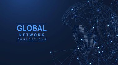 Küresel ağ bağlantısı kavramı. Büyük veri görselleştirmesi. Küresel bilgisayar ağlarındaki sosyal ağ iletişimi. İnternet teknolojisi. İş için. - Bilim. Vektör illüstrasyonu.