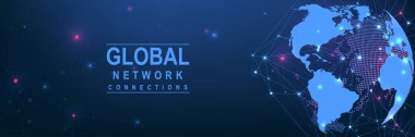 Küresel ağ bağlantısı kavramı. Büyük veri görselleştirmesi. Küresel bilgisayar ağlarındaki sosyal ağ iletişimi. İnternet teknolojisi. İş için. - Bilim. Vektör illüstrasyonu.