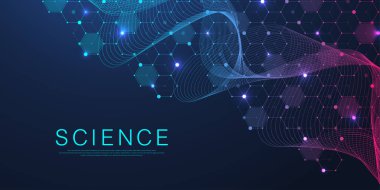 Teknoloji soyut çizgileri ve noktalar arka planı altıgenlerle birleştiriyor. Altıgenler dijital veri ve büyük veri konseptini birbirine bağlar. Hex dijital veri görselleştirme. Vektör illüstrasyonu.