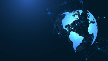 Genel ağ bağlantısı illüstrasyonu. Küresel iş dünyasının dünya haritası ve kompozisyon kavramı. Küresel internet teknolojisi. Büyük veri görselleştirme illüstrasyonu.