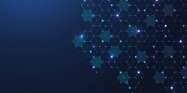 Teknoloji soyut çizgileri ve noktalar arka planı altıgenlerle birleştiriyor. Altıgenler dijital veri ve büyük veri konseptini birbirine bağlar. Hex dijital veri görselleştirme. Vektör illüstrasyonu.