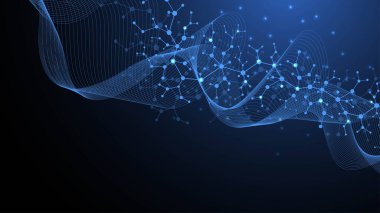 Moleküler yapı arka planı. DNA moleküllü bir duvar kağıdı ya da afiş bilim şablonu. Altıgenli molekül arkaplanı, dalga akışı, illüstrasyon