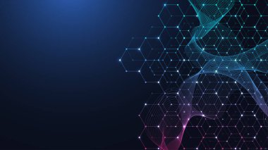 Teknoloji soyut çizgileri ve noktalar arka planı altıgenlerle birleştiriyor. Altıgen ızgara. Altıgenler dijital veri ve büyük veri konseptini birbirine bağlar. Hex dijital veri görselleştirme, illüstrasyon